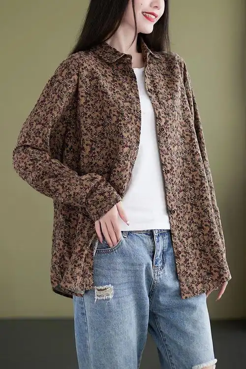 棉麻小镇秋季新款日系森女纯棉小碎花衬衫女长袖宽松文艺复古衬衣