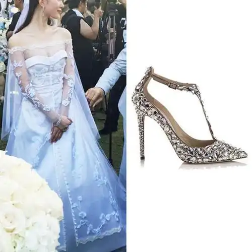 同款刘诗诗水晶鞋 新娘鞋白色水钻高跟 婚纱鞋尖头单鞋细跟婚鞋