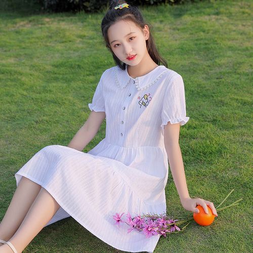 中学生连衣裙女娃娃领中长款短袖裙子少女夏装初中女孩白色a字裙