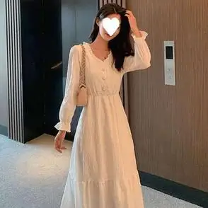 连衣裙女收腰显瘦气质中长款赫本风法式仙女裙子白裙长袖新款