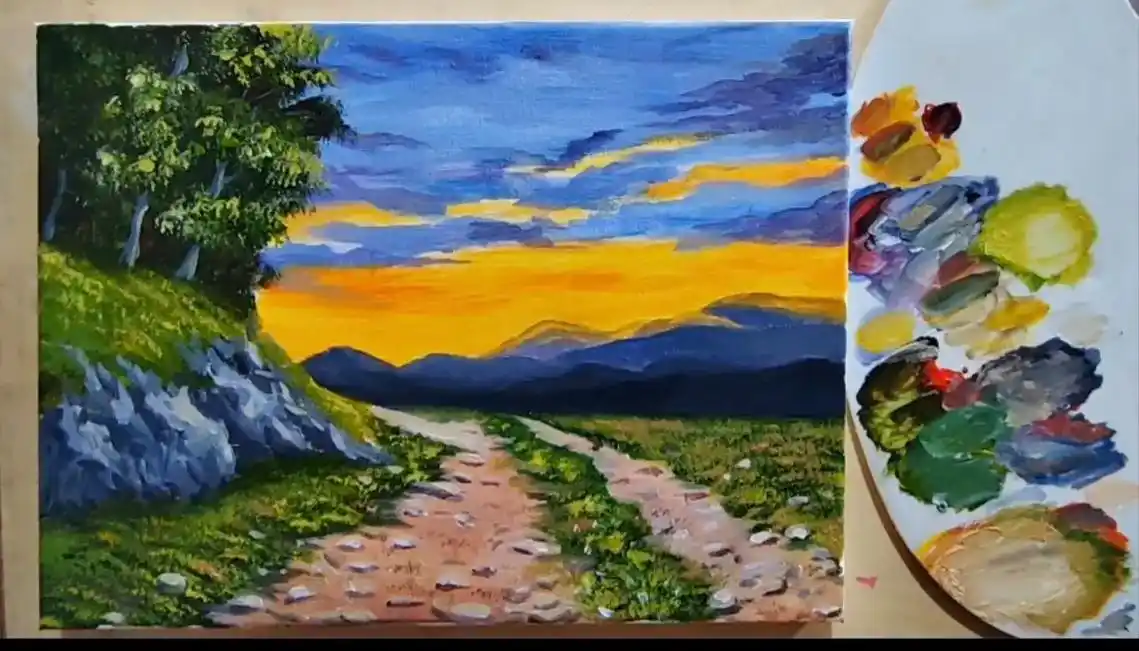 简单易学的色彩丙烯风景画春天晚霞