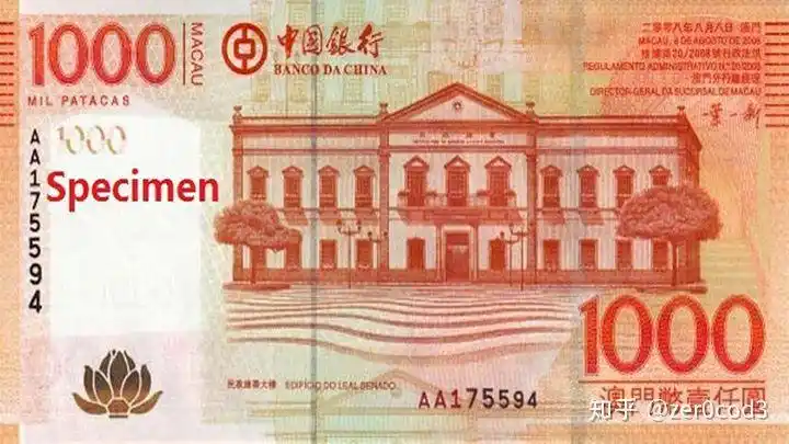 标有葡文地名macau的千元澳门币