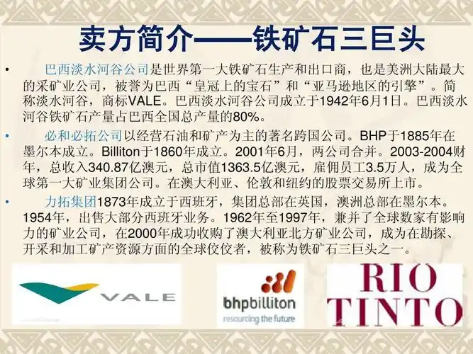 卖方简介——铁矿石三巨头   巴西淡水河谷公司是世界第一大铁矿石