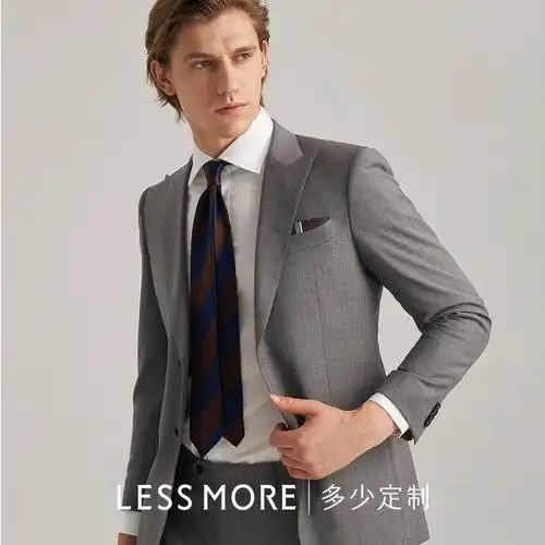 lessmore多少灰色点状条纹男西服套装两粒单排口商务羊毛正装西装