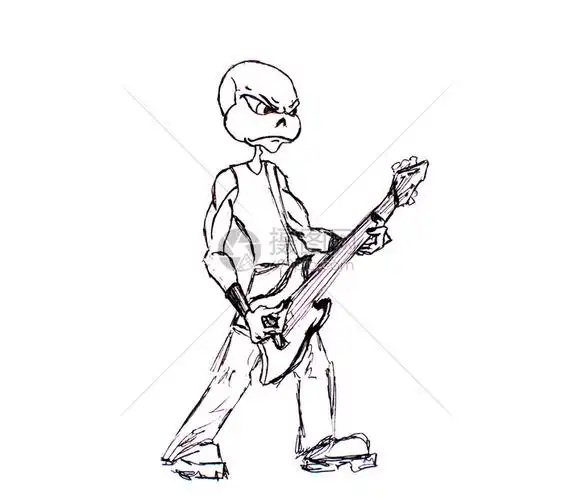 他手上拿着一把吉他用黑笔画的纸上摇滚吉他手