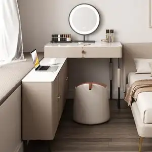 转角梳妆台卧室现代简约轻奢实木收纳一体高级感大户型拐角化妆桌
