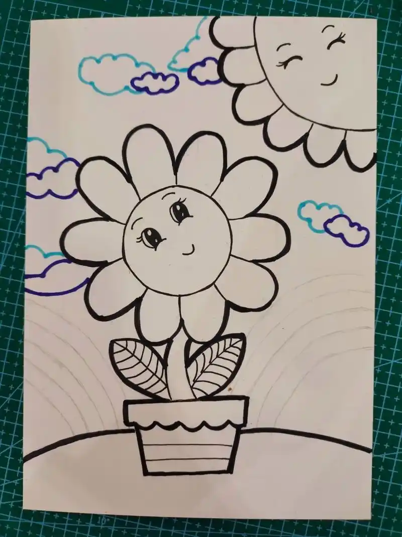 马克笔儿童简笔画《太阳花》(附线稿)