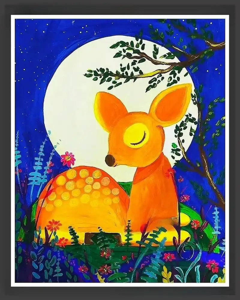 绘画课件|月下小鹿|儿童创意画鹿7-9岁 水粉 	 冷暖色彩