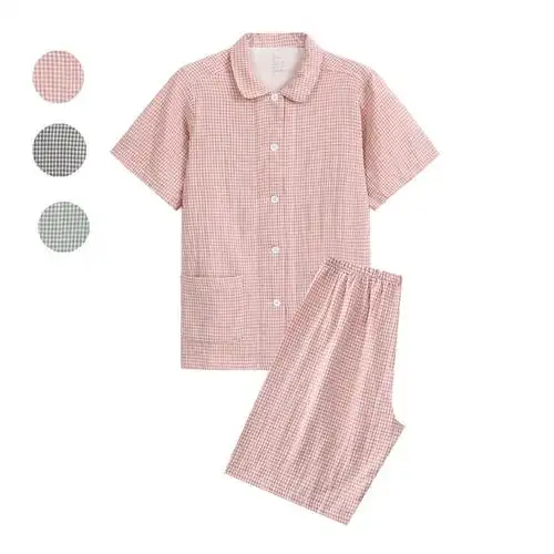 无印细格纹良品全棉双层纱睡衣女纯棉短袖睡衣夏季纯棉短袖家居服