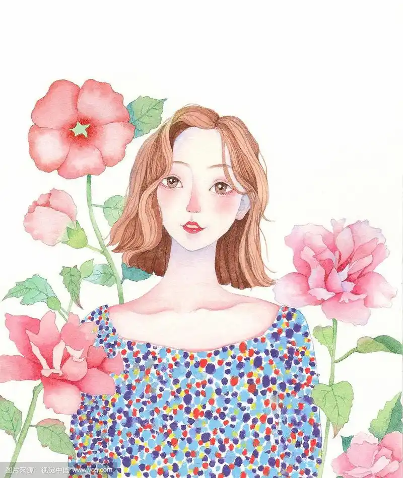 水彩手绘唯美清新优雅可爱短发少女与花卉插画