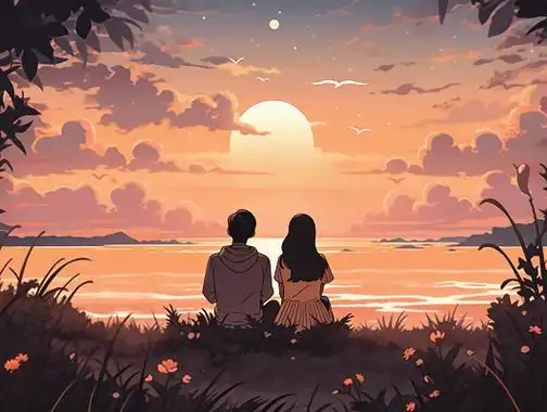 情侣紧挨着坐在一起的背影唯美浪漫情人节爱情双人手绘插画温馨氛围感