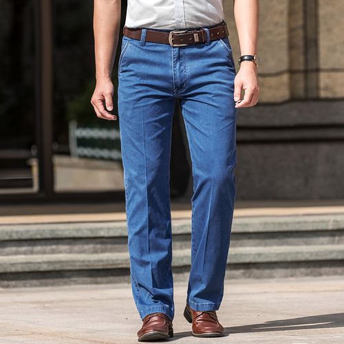 春夏中年天丝牛仔裤男薄款中老年人宽松高腰直筒爸爸牛仔裤