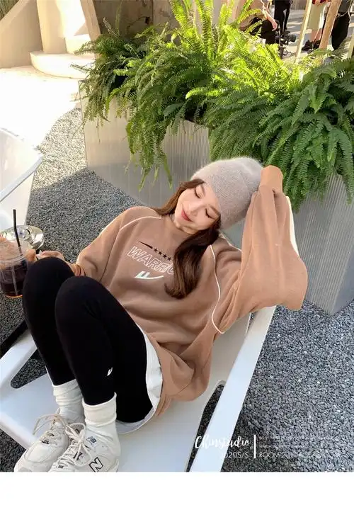 回力联名款 oversize圆领套头卫衣女秋冬宽松韩版bf风上衣 驼色 s