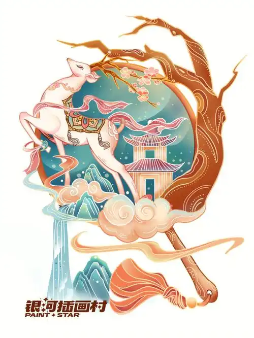 国风线性插画小场景色稿练习