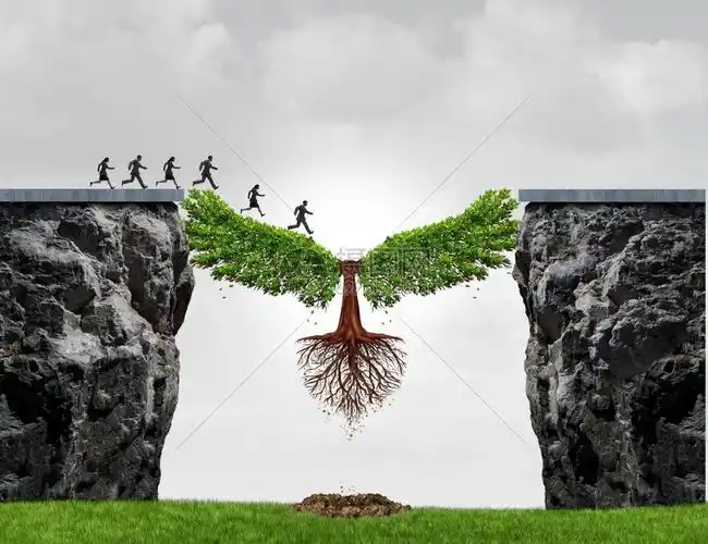 克服逆境作为一个商业概念由一群人从悬崖跑到另一在棵树的帮助下用3d