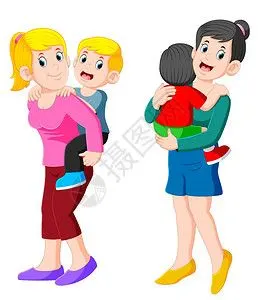 两个小朋友有两个快乐的母亲抱着她孩子插画