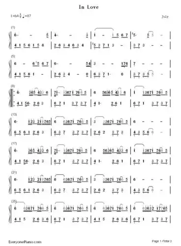 钢琴曲谱 流行 in love-沈浸在爱中-july in love-沈浸在爱中-july
