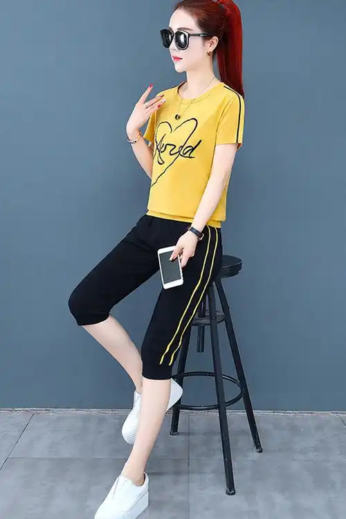 夏季时尚新款七分裤套装新品女大码时尚圆领上衣省心纯棉套装套装