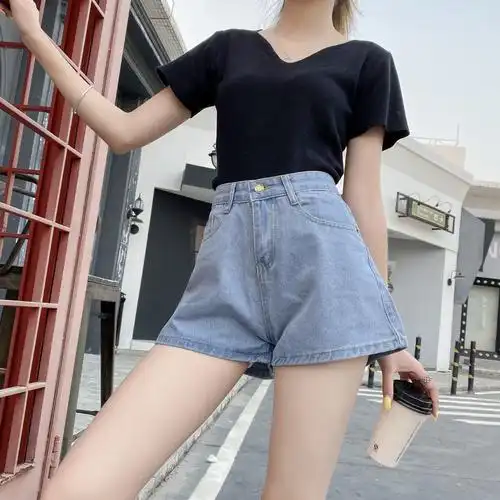 实拍高腰牛仔短裤女2021夏宽松显瘦网红外穿a字百搭阔腿热裤潮ins