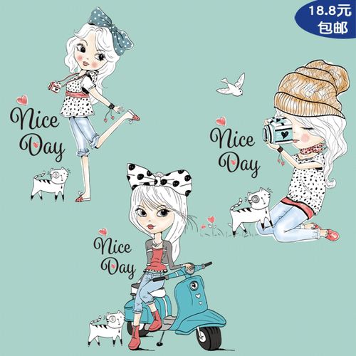 卡通漫画可爱女孩相机猫咪热转印烫画贴衣服图案贴画t恤服装图案