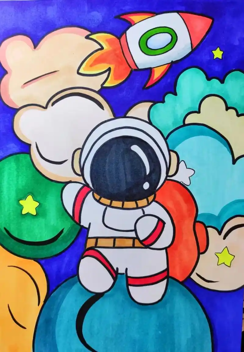儿童太空科技宇宙创意绘画小学生马克笔绘画.#创作灵感 #小y - 抖音