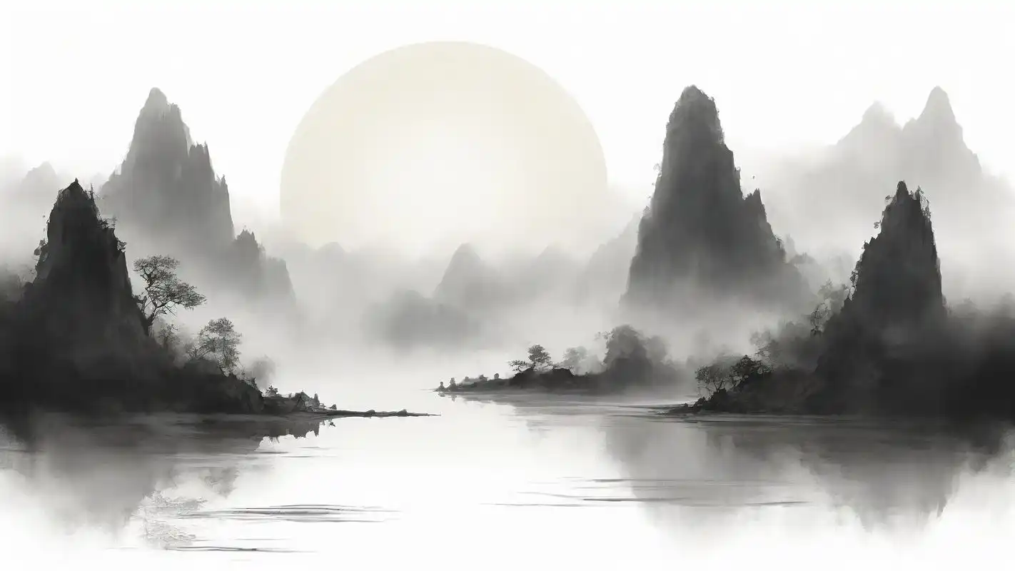 水墨古风背景图,山川湖泊宛如仙境🏞️