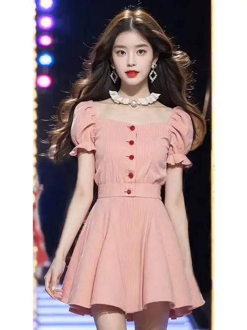 式气质绝美高端精致橘粉色方领花苞袖收腰连衣裙2024夏季新款女 - 17