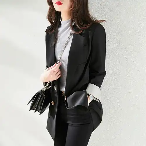 竖条条纹翻边袖口黑色西装外套女韩版宽松气质西装