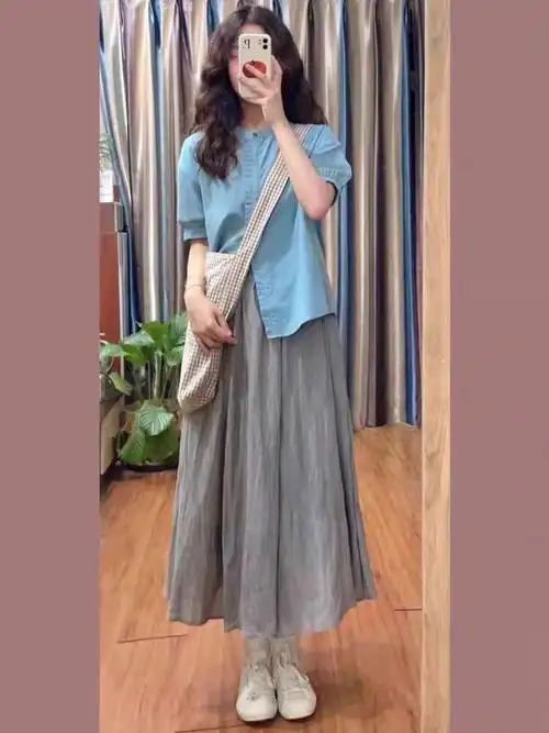 夏装搭配一整套时尚复古短袖衬衫盐系炸街微胖显瘦连衣裙子套装
