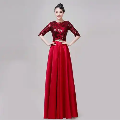 新款成人大合唱演出服女中国风中老年舞蹈表演服装长裙独唱礼服