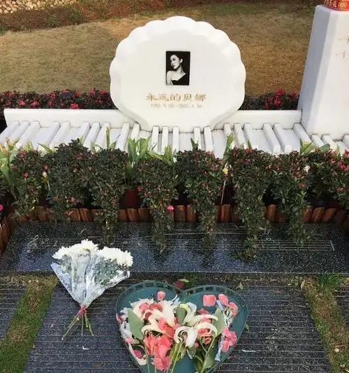 墓碑前的34个琴键,代表了姚贝娜34岁短暂的人生,鲜花陪伴着她日日