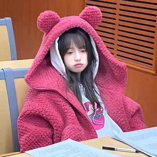 熙叙晨可爱萌连帽开衫羊羔绒卫衣女学生韩版宽松秋冬款保暖加绒外套女