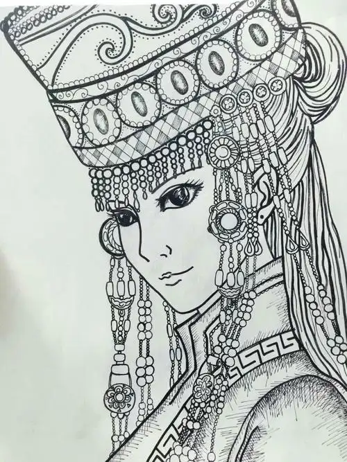 线描画(蒙古姑娘)