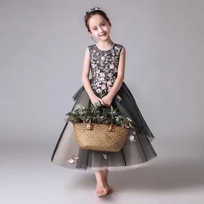 儿童礼服公主裙女童蓬蓬纱黑色模特走秀小主持人钢琴演出服晚礼服