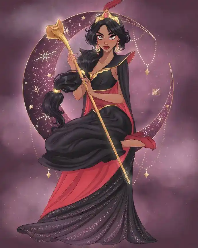 坐在月亮上的迪士尼公主,艾莎女王闪闪发光,茉莉公主已黑化