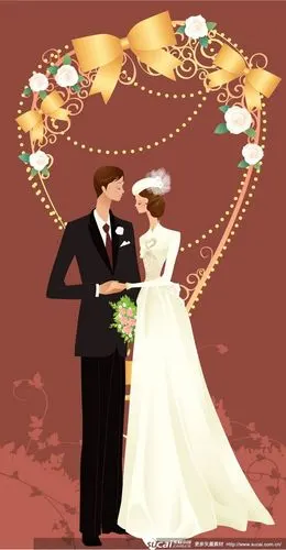 卡通新娘新郎结婚照矢量素材