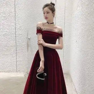 服饰内衣>女装>礼服>京蝌蝌>京蝌蝌敬酒服新娘酒红色春秋季一字肩显瘦