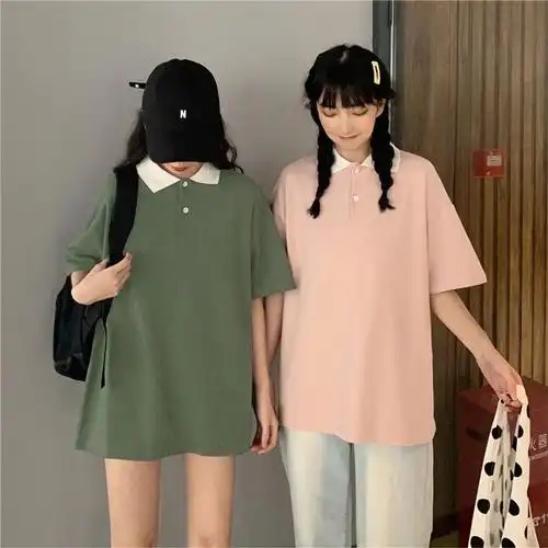 姐妹装闺蜜装学生夏季t恤短袖女韩版宽松简约拼色polo衫翻领上衣