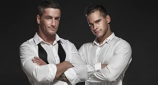 两个,英俊,男人,优雅,姿势,看,黑色