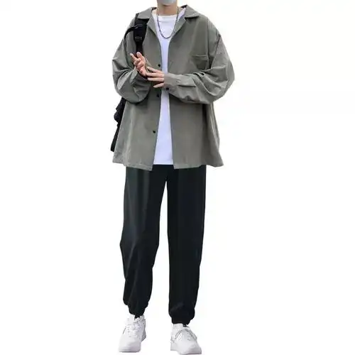 衬衫纯色长袖潮流三件套百搭休闲日系男生帅气一套搭配套装春夏季