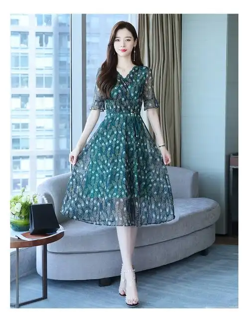 实拍中年妈妈夏装雪纺裙子洋气短袖新款40岁50中老年女装夏连衣裙