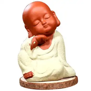 古悦堂 宜兴纯手工紫砂茶宠茶托香插紫砂摆件茶玩 三色小和尚 沉思款