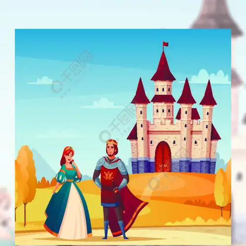 中世纪人物卡通背景与城堡国王和皇后矢量图