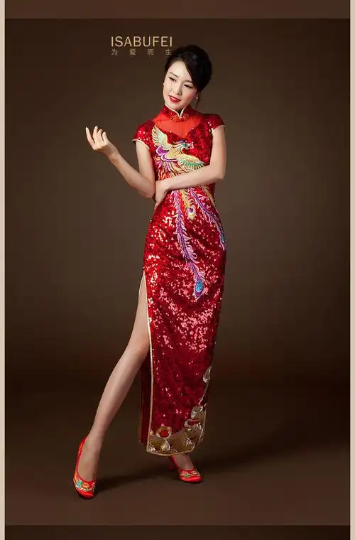女式新款高端中国红亮片绣花凤凰祥云旗袍