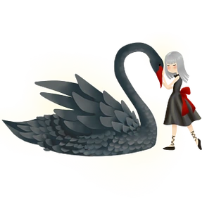 卡通手绘梦幻黑天鹅和小女孩