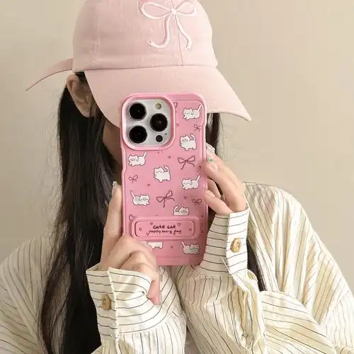 粉色蝴蝶结猫咪适用iphone14pro max手机壳苹果15支架13/12硅胶壳