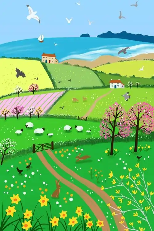 风景 春天的风景 果树, 卡通春天出游的风景背景, 马路, 风景背景图片