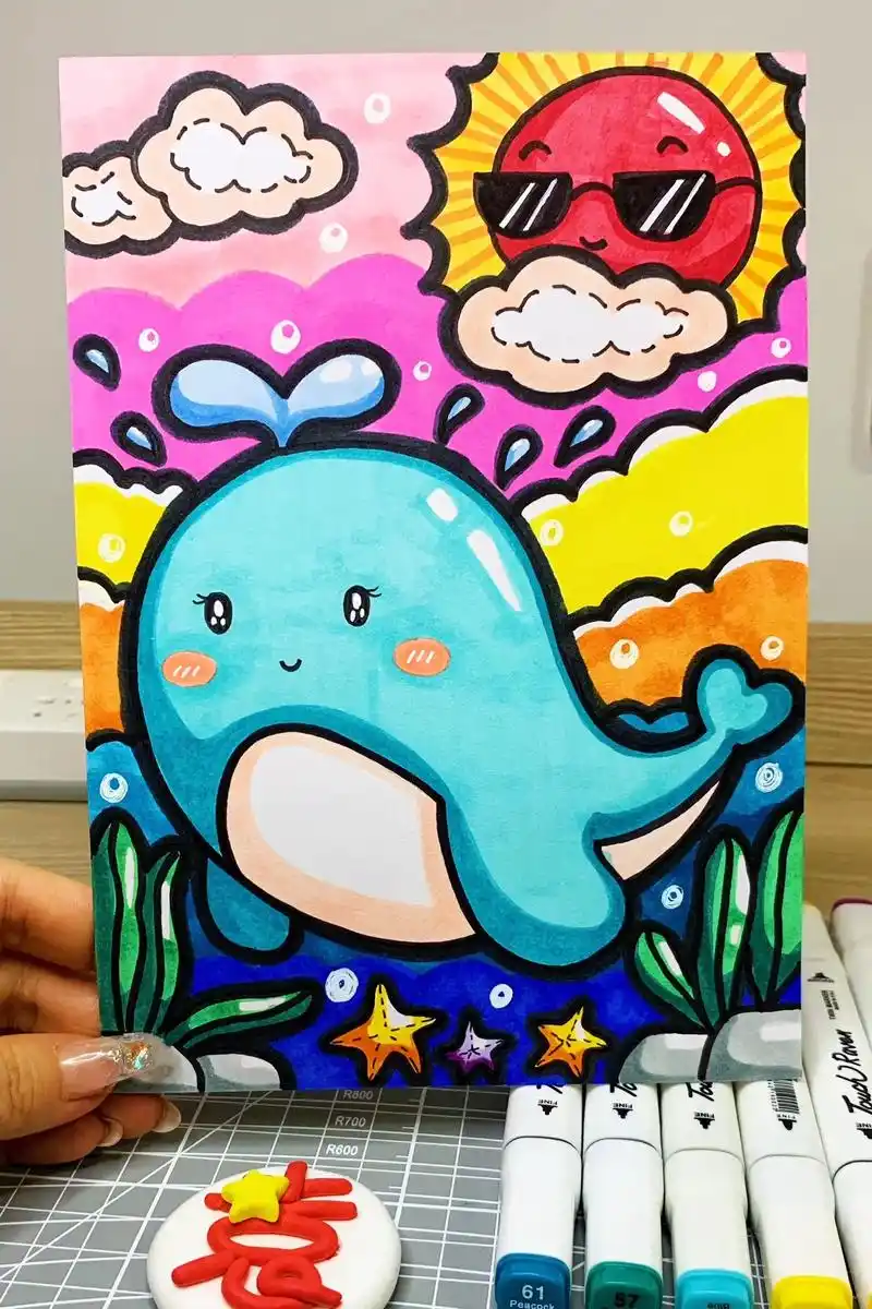【鲸鱼】图片卡通儿童画简笔画过程图附色号.#画画 #马克笔手 - 抖音