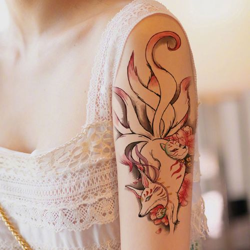 半臂九尾狐纹身贴魅惑狐狸男女防水持久浮世绘花臂仿真个性套装