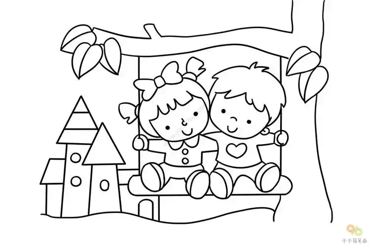 公园里荡秋千情景简笔画 小孩子们一起荡秋千吧_儿童画简笔画